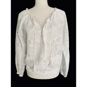 Theory Maryana Vintage Eyelet Blouse Jacket Small‎ White Boho Tassels Airy L/S